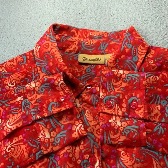 WRANGLER Shirt Womens Large Button Up Blouse Top Floral Sheer Red - Picture 7 of 7